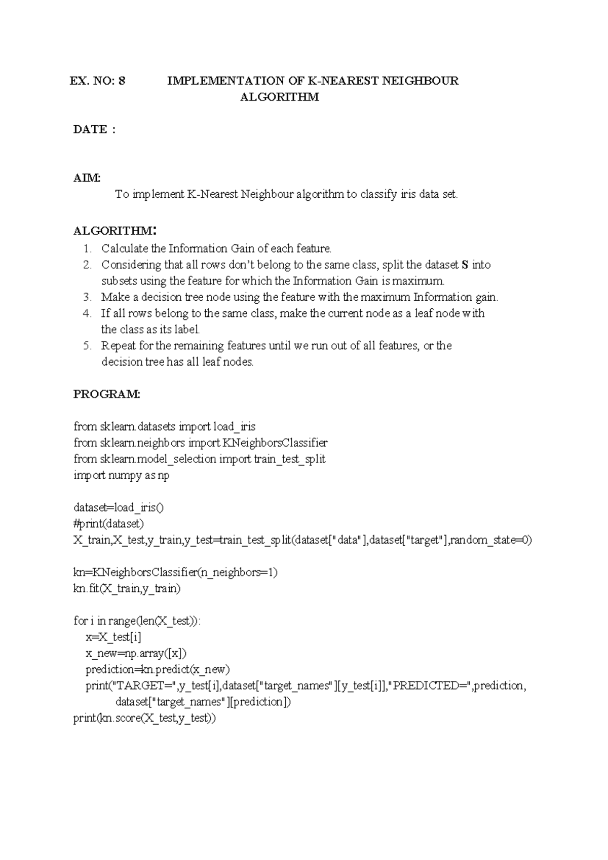 EX. 8 KNN Algorithm Implementation for Iris Dataset Classification ...