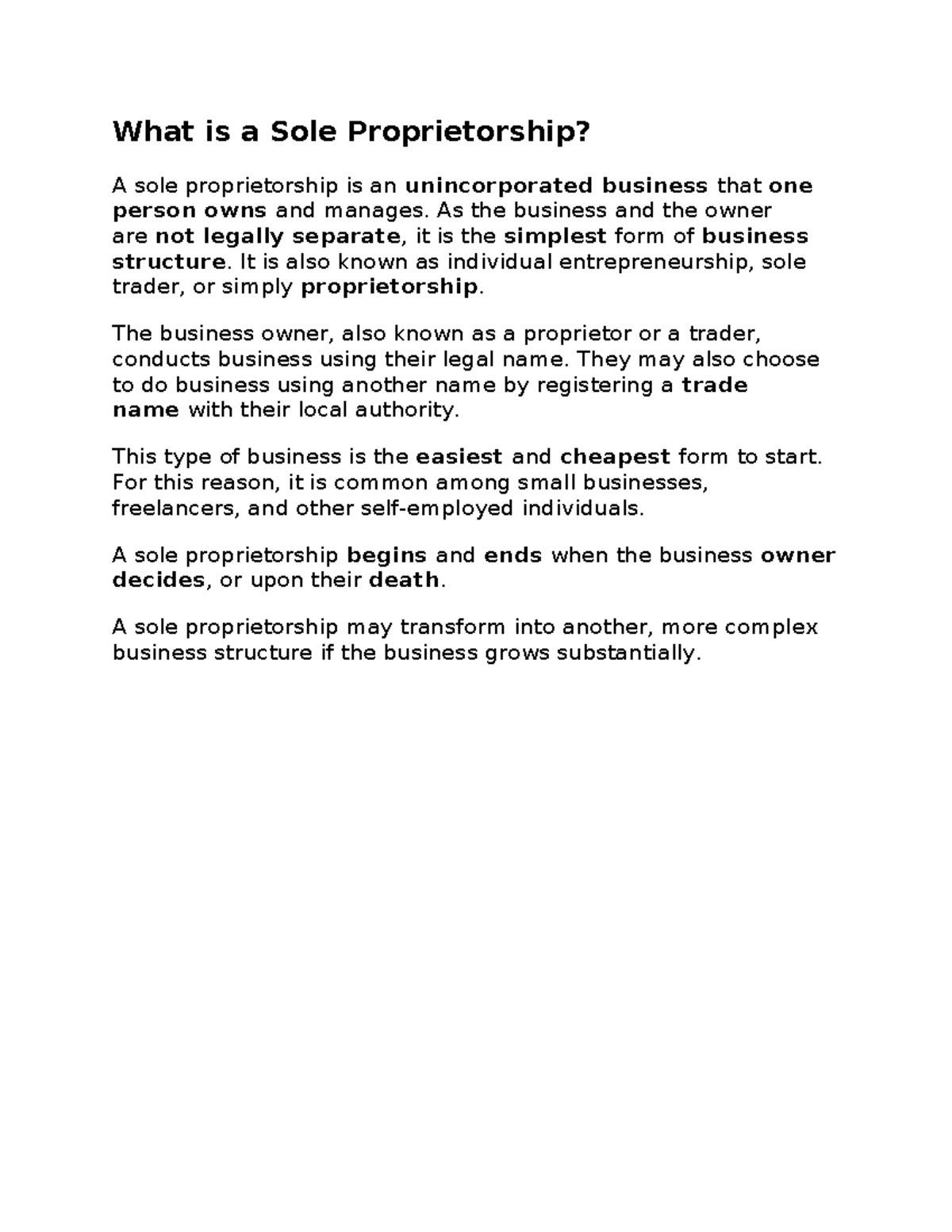 Sole Proprietorship Overview: Key Concepts and Formation Notes - Studocu