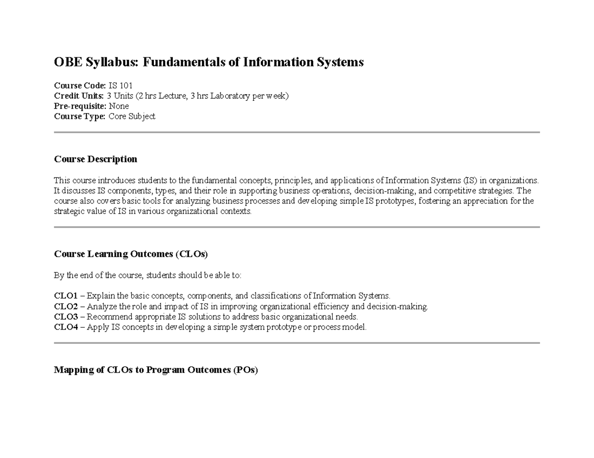 Fundamentals of Info. Systems - OBE Syllabus (IS 101) - Studocu