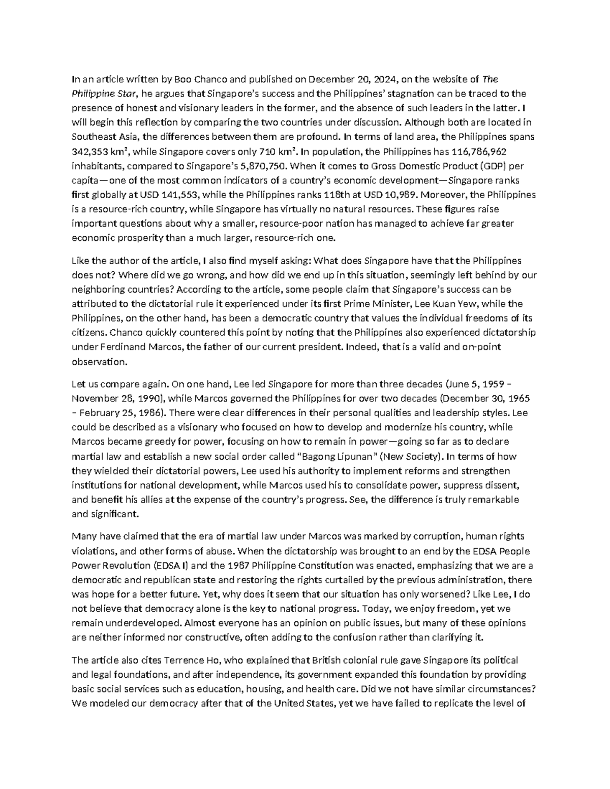 Comparative Analysis of Leadership: Philippines vs. Singapore (Essay ...