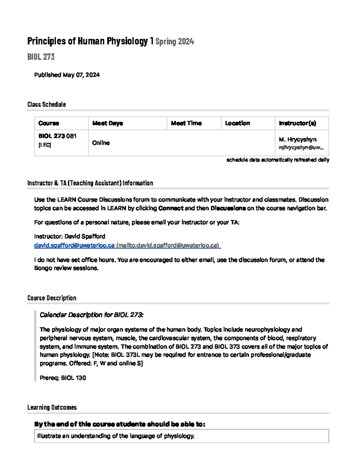 BIOL 273 Course Outline - Principles of Human Physiology, Spring 2024 ...