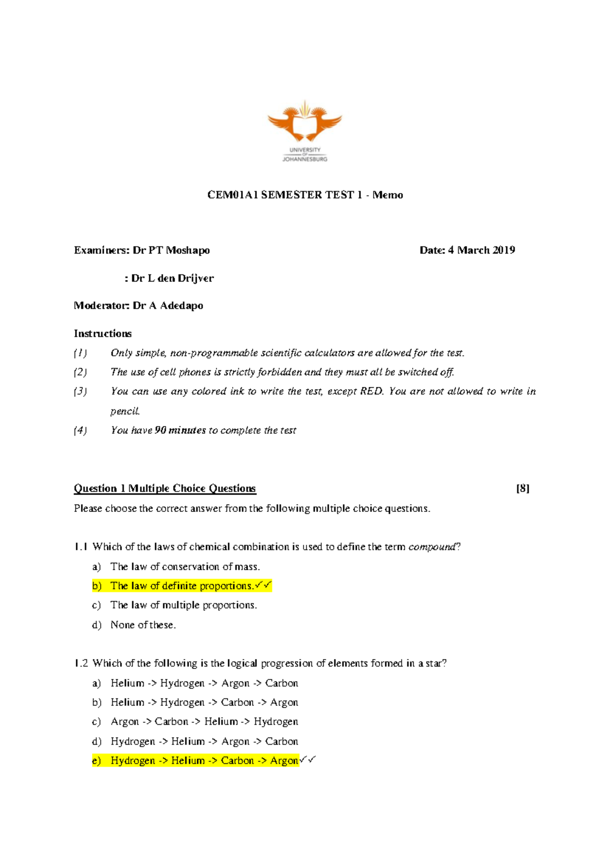 CEM01A1 Semester Test 1 2019 Memo Analysis and Solutions - Studocu