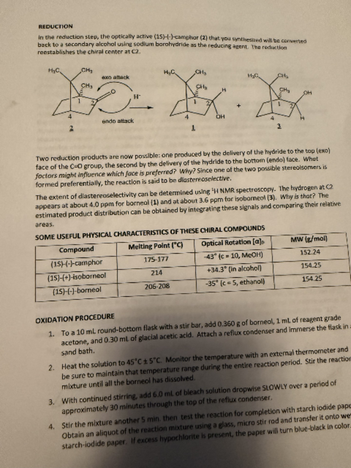 Procedure Lab 1 - REDUCTION In the reduction step, the optically active ...