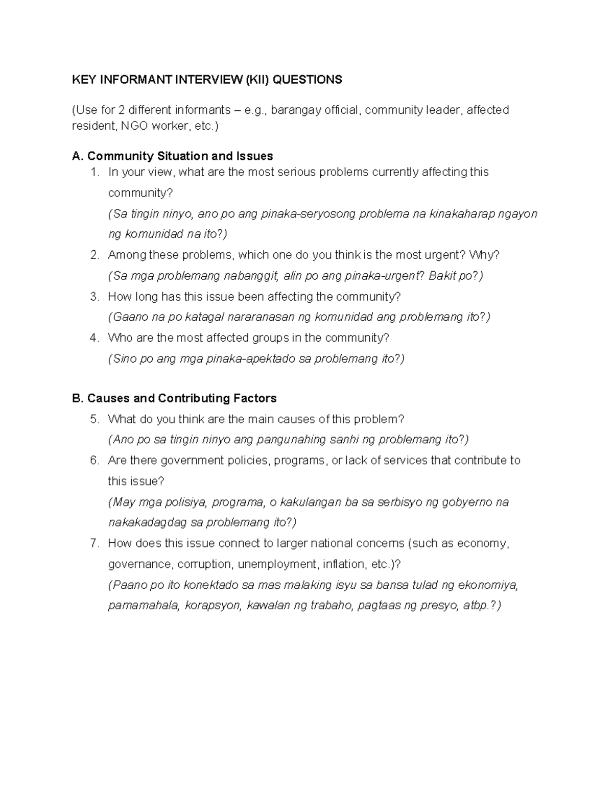 KII Questions for Community Development Project Analysis - Studocu