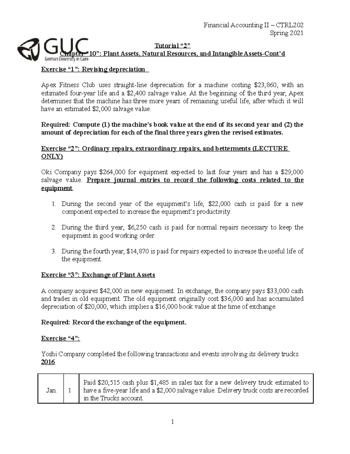 Tut 2: Chapter 10 Exercises on Plant Assets and Depreciation Revisions ...