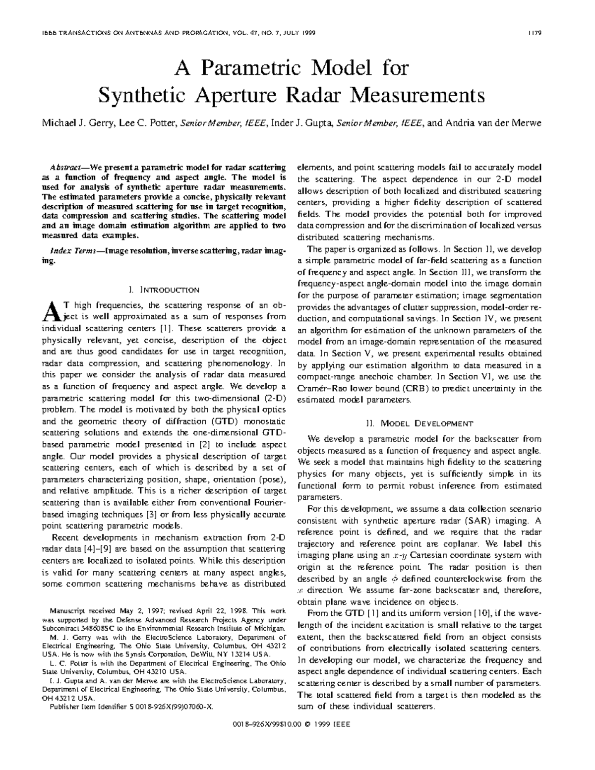 Synthetic Aperture Radar Measurements - A Parametric Model for ...