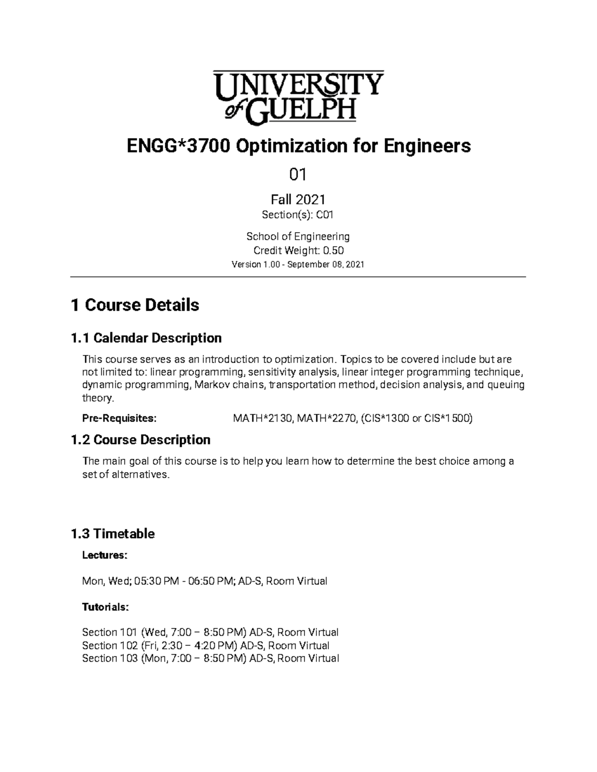 ENGG 3700 Optimization for Engineers - Course Overview F21 - Studocu