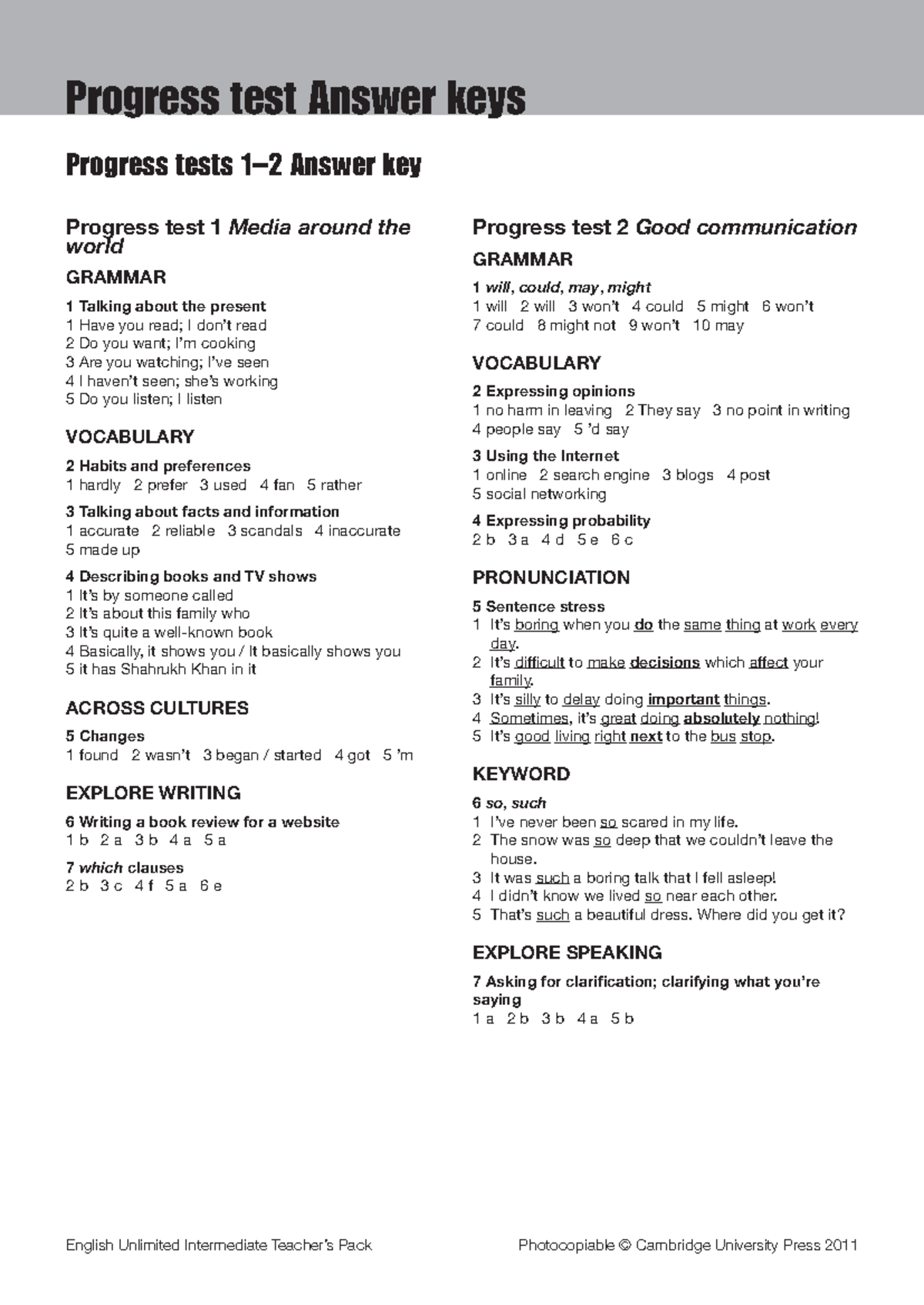 Progress Test Answers: English Unlimited Intermediate (Tests 1-14 ...