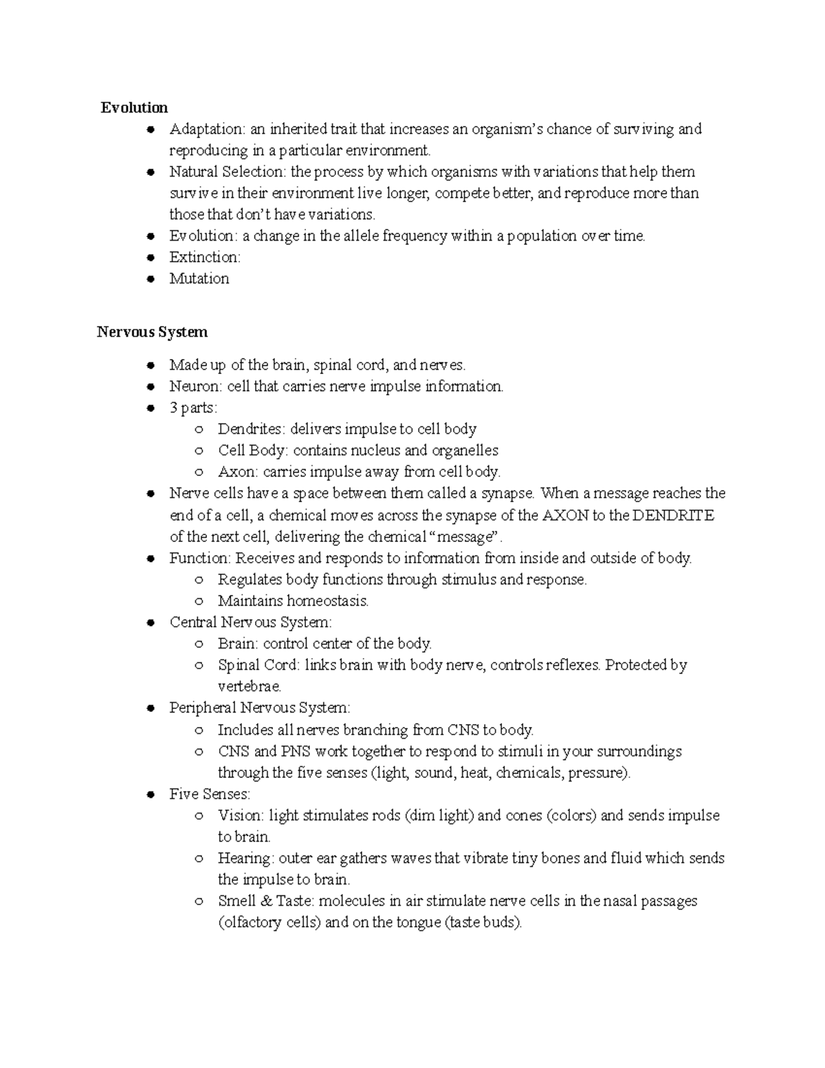 Biology 101: Evolution and Nervous System Study Notes - Studocu