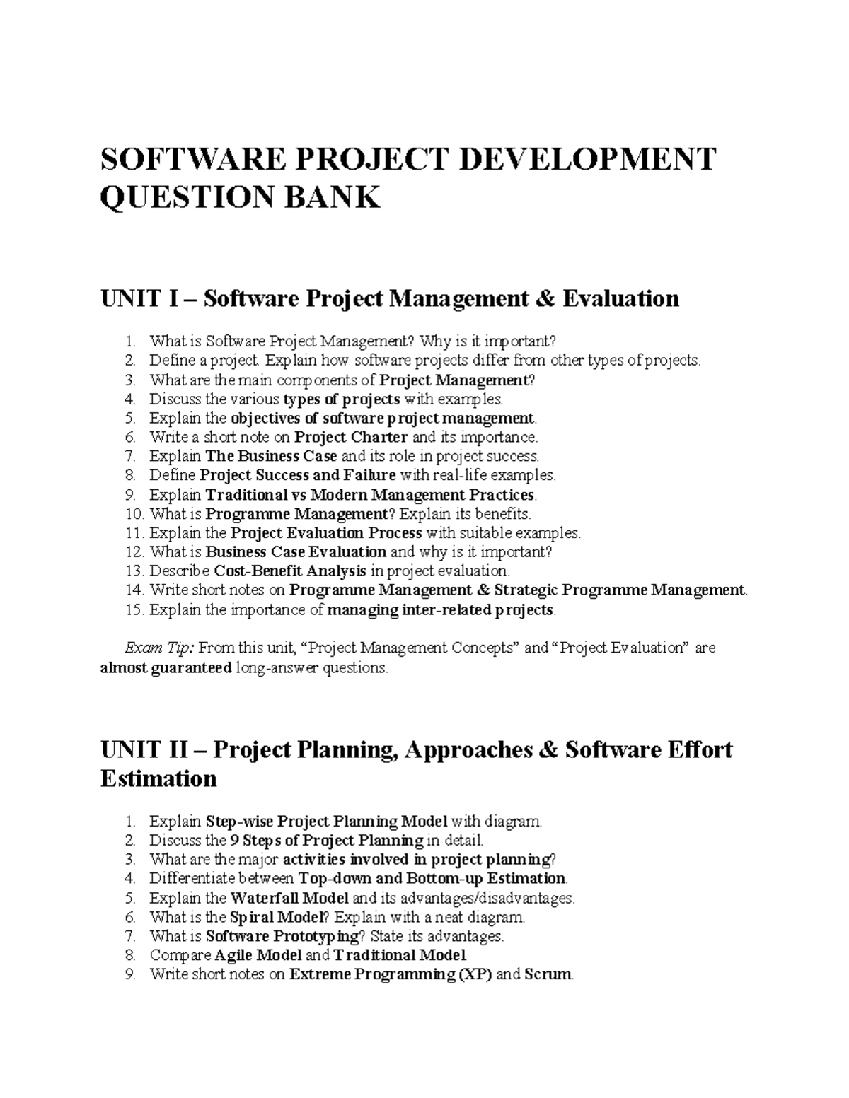 SOFTWARE PROJECT MANAGEMENT QUESTION BANK UNIT I-IV - Studocu