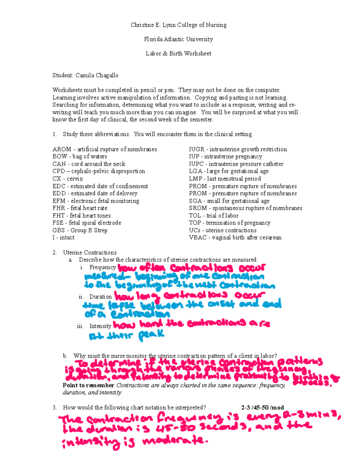 Labor & Birth Worksheet (NURS 301) for Clinical Preparation - Studocu