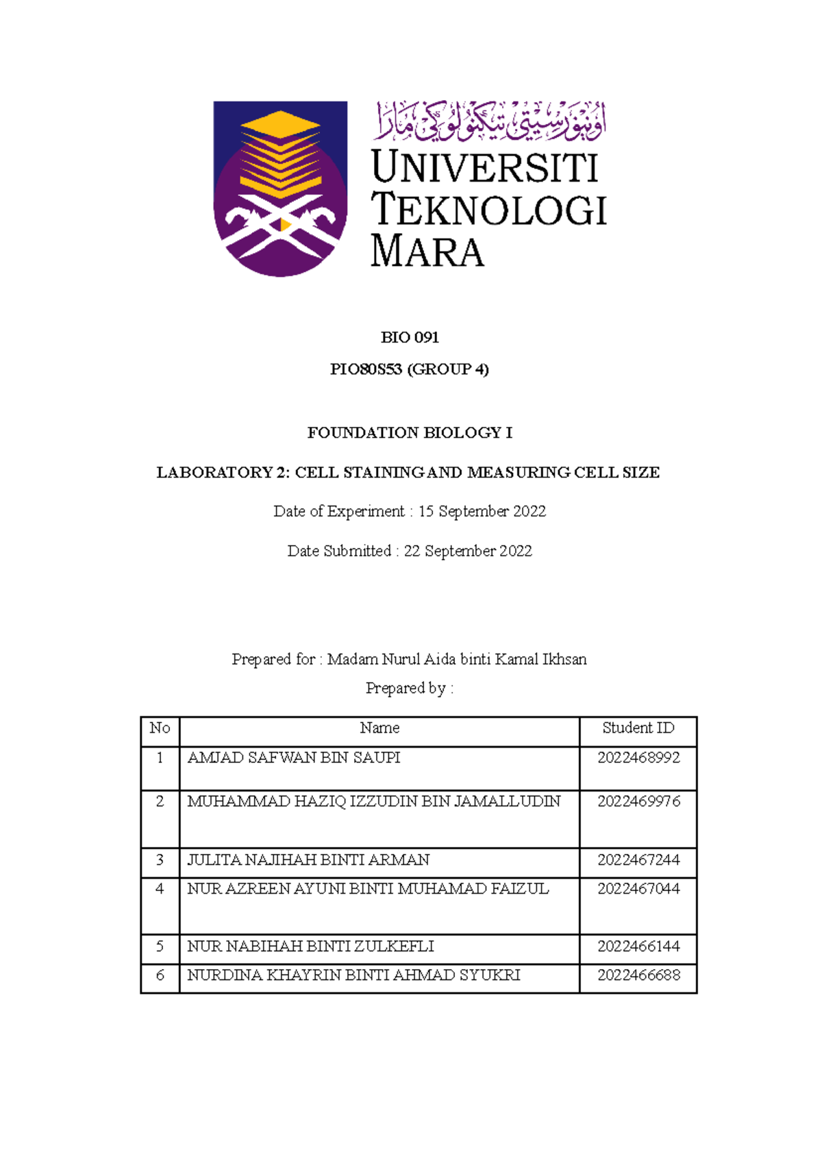 BIO 091 Lab Report: Cell Staining & Size Measurement in BIO LAB 2-1 ...