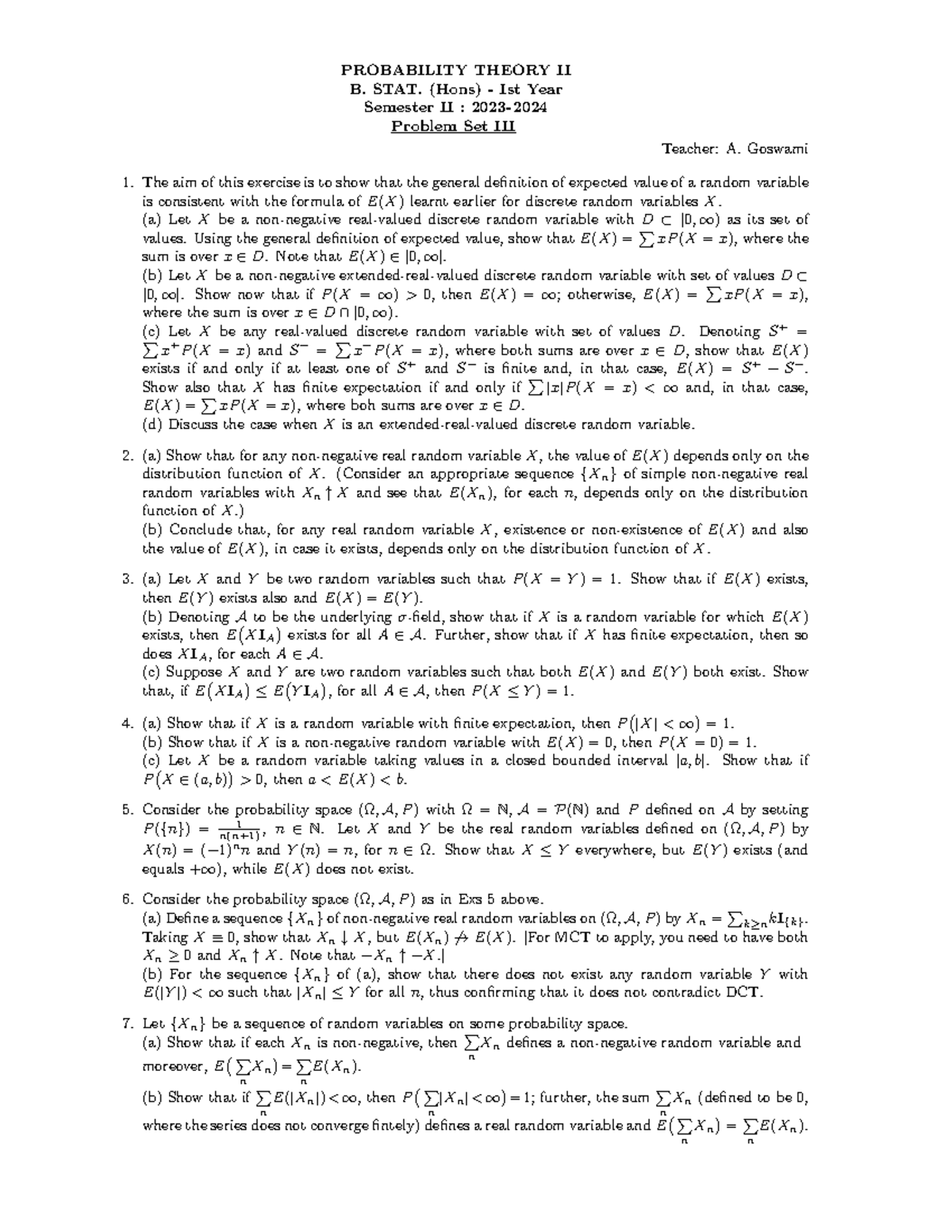 Problem Set 3 - Probability Theory II B. STAT. (Hons) 1st Year Sem II ...