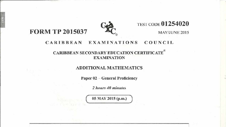 CSEC Additional Mathematics Exam Paper 02 - June 2015 (Code: 01254020 ...