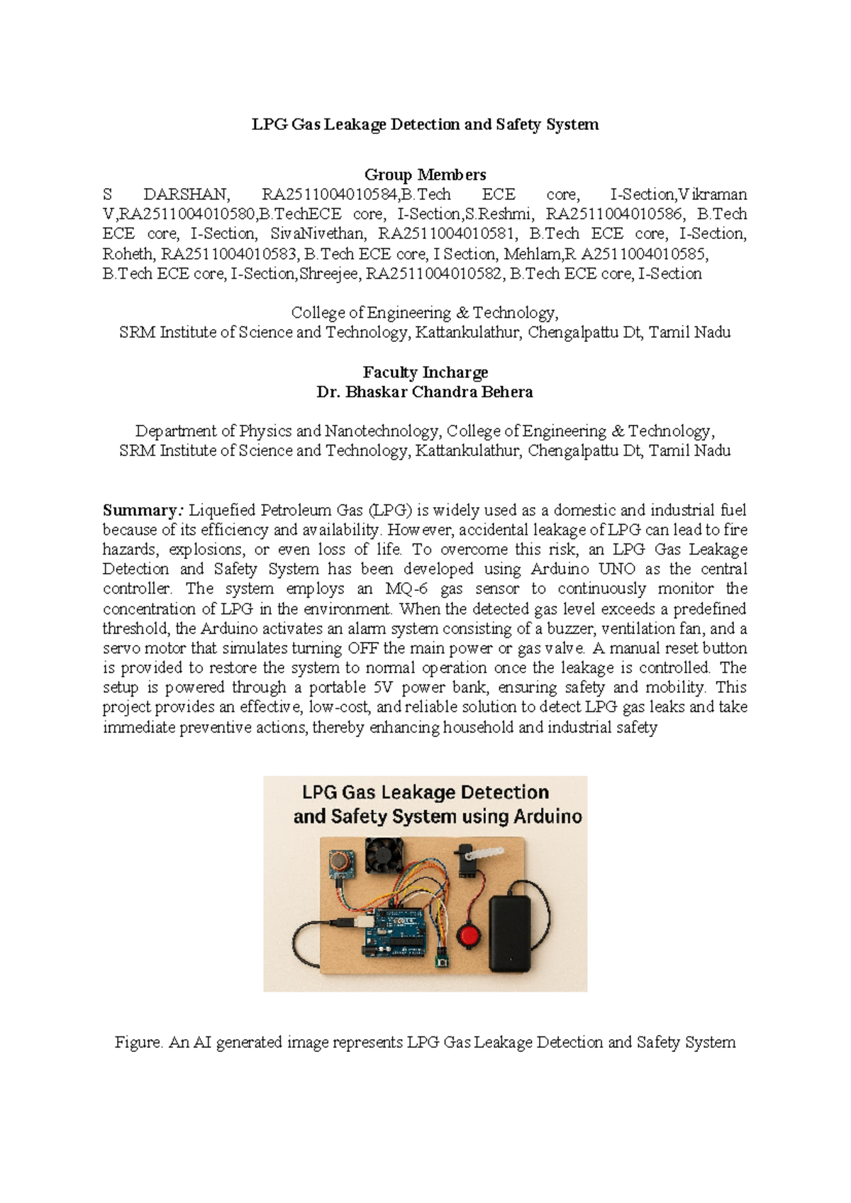 LPG Gas Leakage Detection & Safety System - B.Tech ECE Project - Studocu