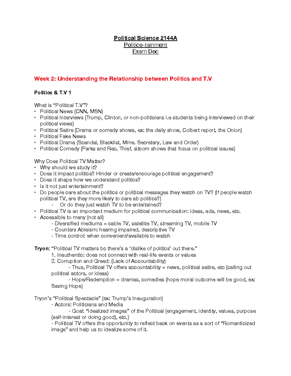 2144A Lecture Notes: Exploring Politics through TV and Media - Studocu
