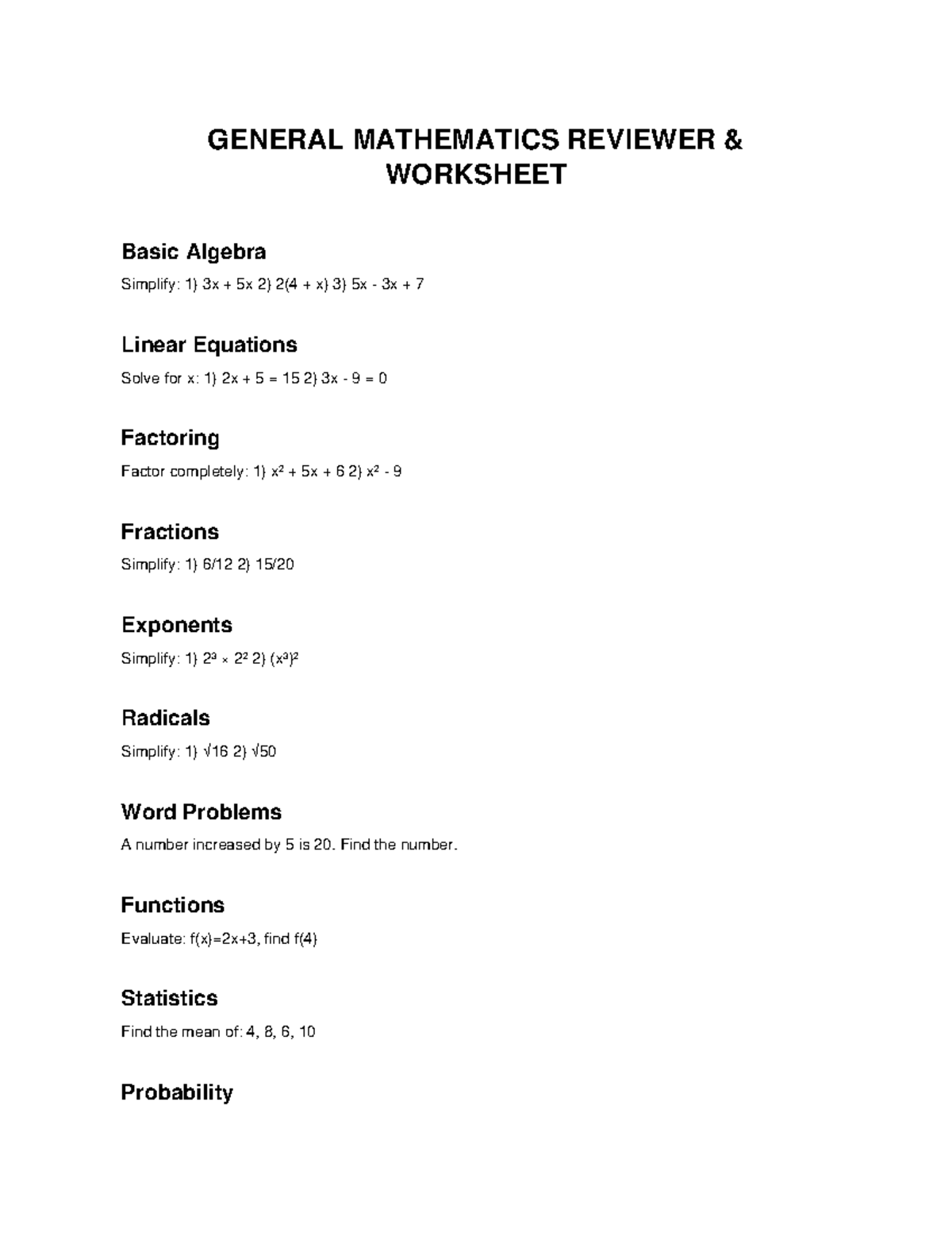 GENERAL MATHEMATICS REVIEWER WORKSHEET - ACTIVITY - Studocu
