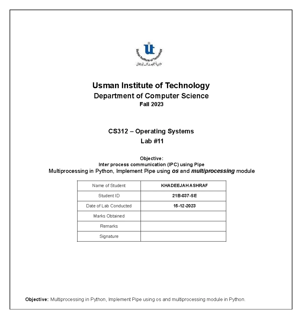OS LAB 6 - LAB 6 exercise - Usman Institute of Technology Department of ...