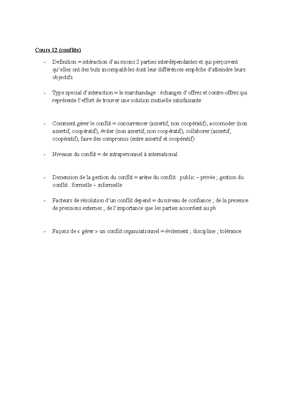 Fiche de Révision sur la Gestion des Conflits - Cours 12 (FCCF) - Studocu