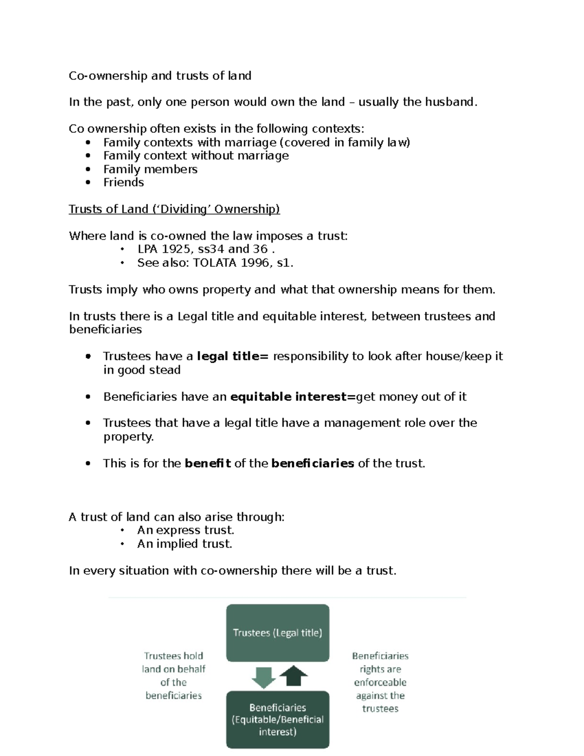 Co-ownership notes - Co-ownership and trusts of land In the past, only ...