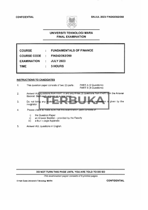 Fundamentals of finance (FIN 101) final examination - January 2024 ...