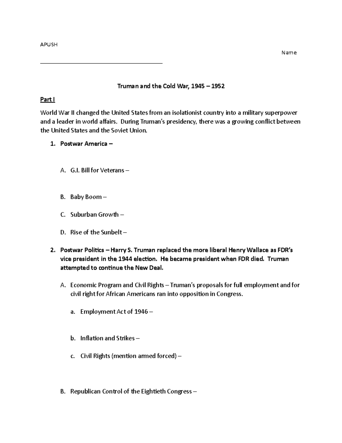 Amsco+Chapter+26+Outline - APUSH Name Part I Truman and the Cold War ...