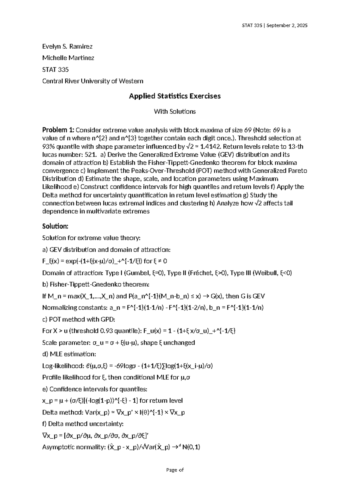 STAT 335 Advanced Statistical Analysis Exercises and Solutions - Studocu