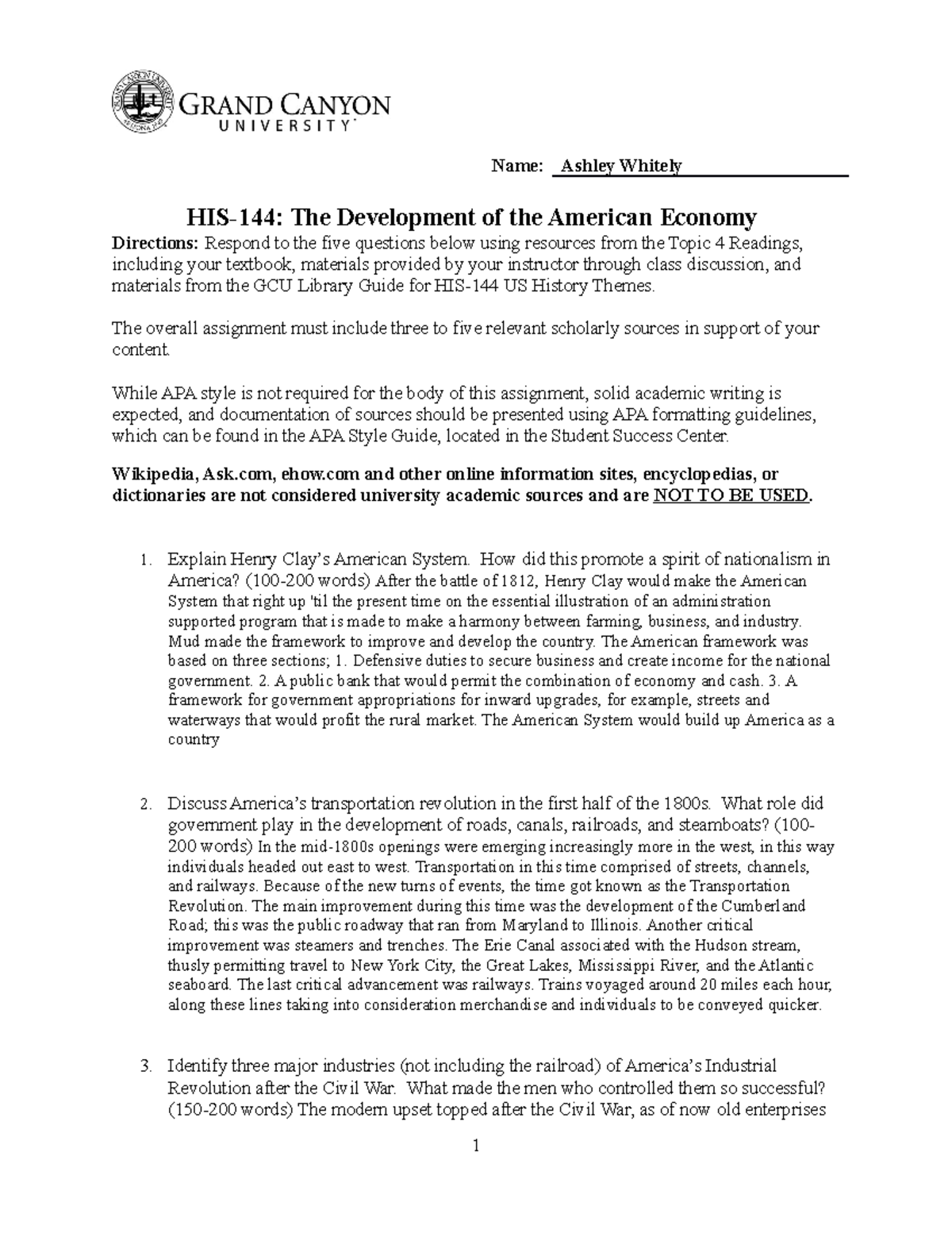 HIS-144 Assignment: Insights on America's Economic Development - Studocu