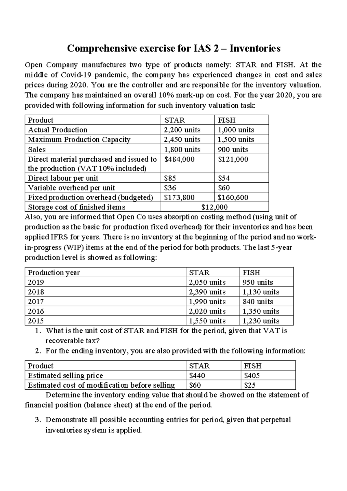 IAS 2 Inventory Valuation Exercise for Open Co: STAR & FISH Products ...