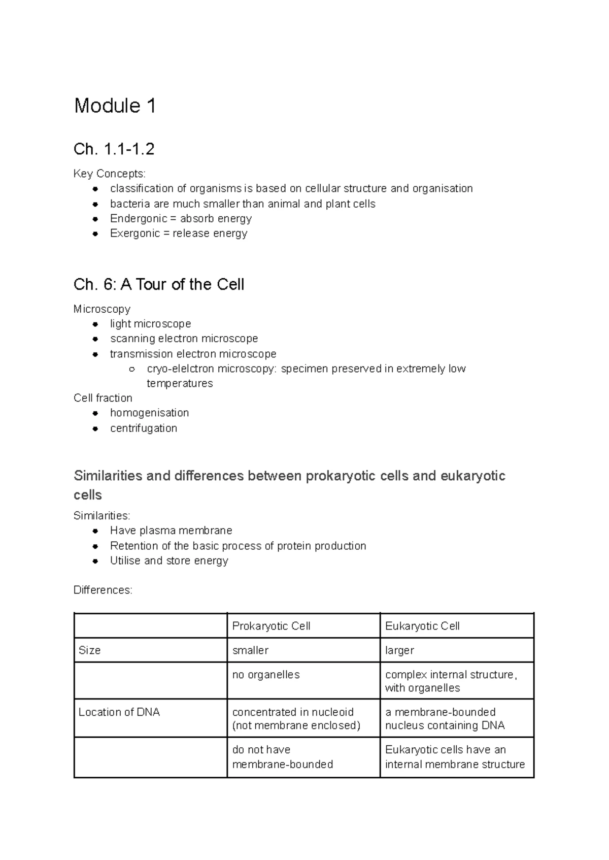 BIOM1050 Lecture Notes: Module 1 - Cell Biology Overview - Studocu