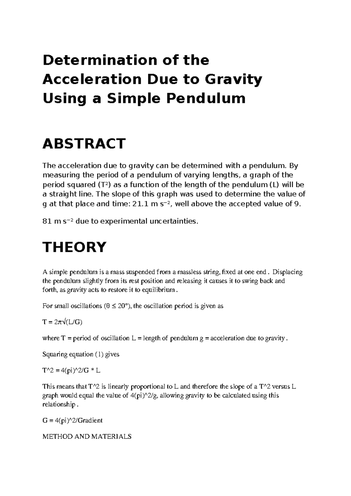 Determination of g Using a Simple Pendulum Experiment - Studocu