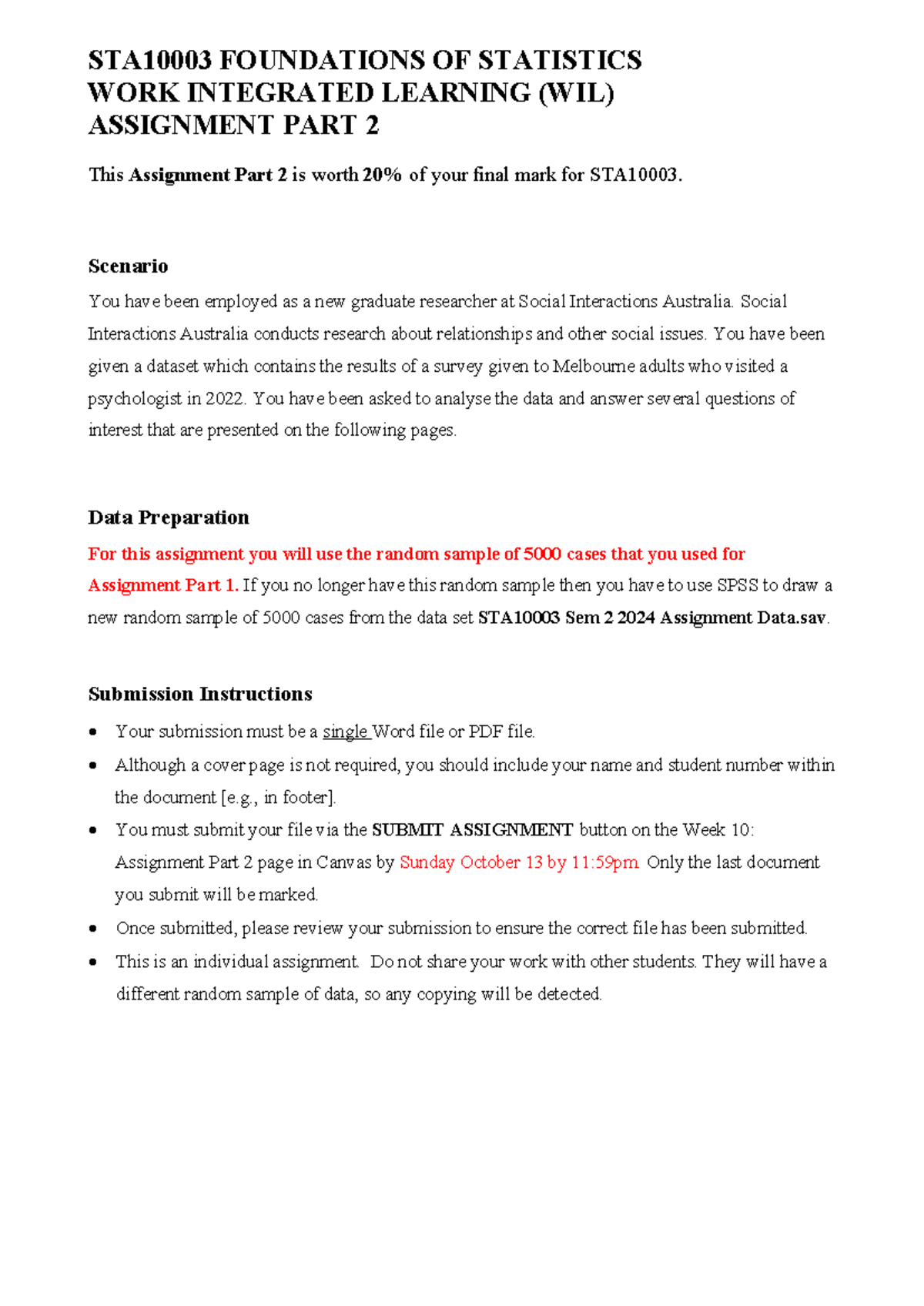 STA10003 Sem 2 2024 Assignment Part 2 - Analysis Instructions - Studocu