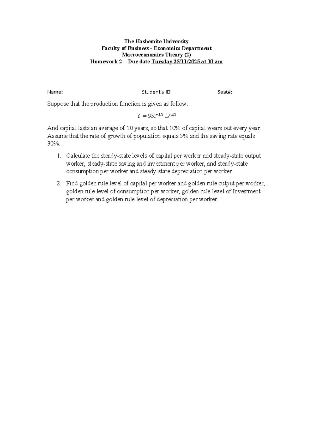 Macroeconomics Theory (2) Homework 2 - Production Function Analysis ...