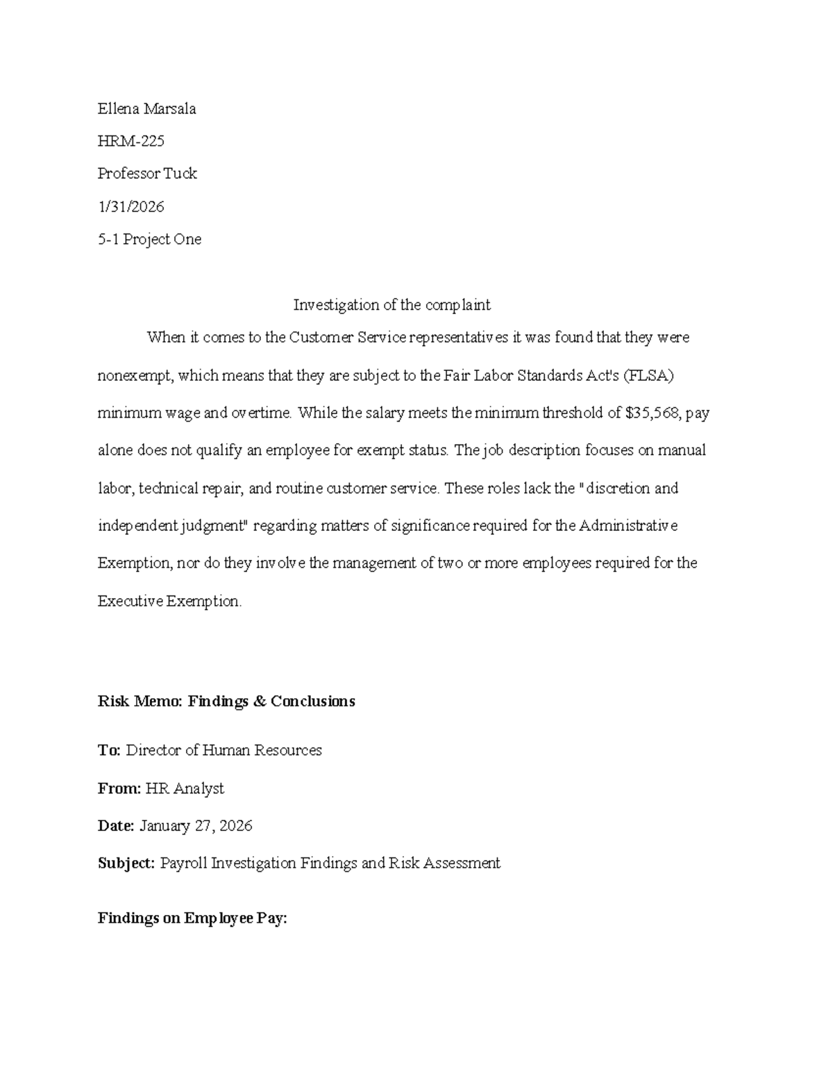 HR 101: Project One - FLSA Compliance Investigation Findings - Studocu