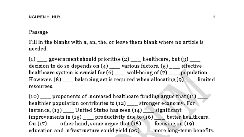 BÀI TẬP Article - Fill in the Blanks Exercise - Studocu
