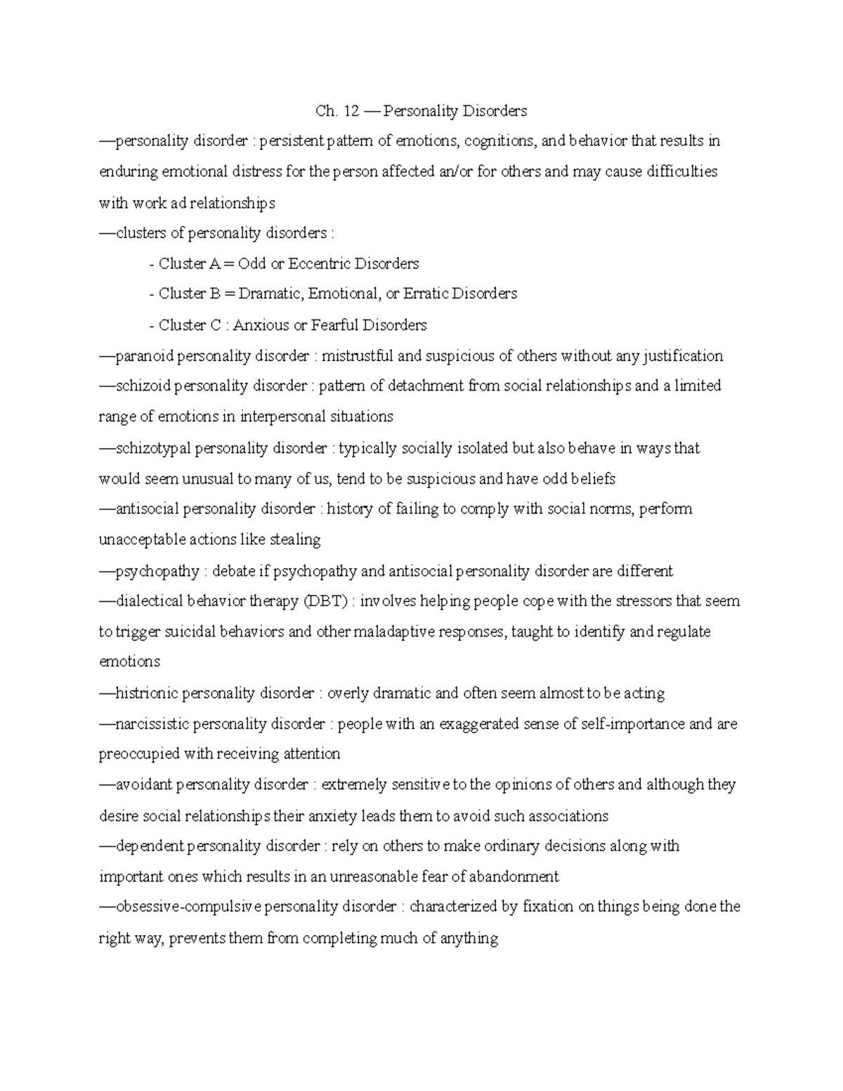 Ch. 12 Personality Disorders: Key Concepts and Types - Studocu