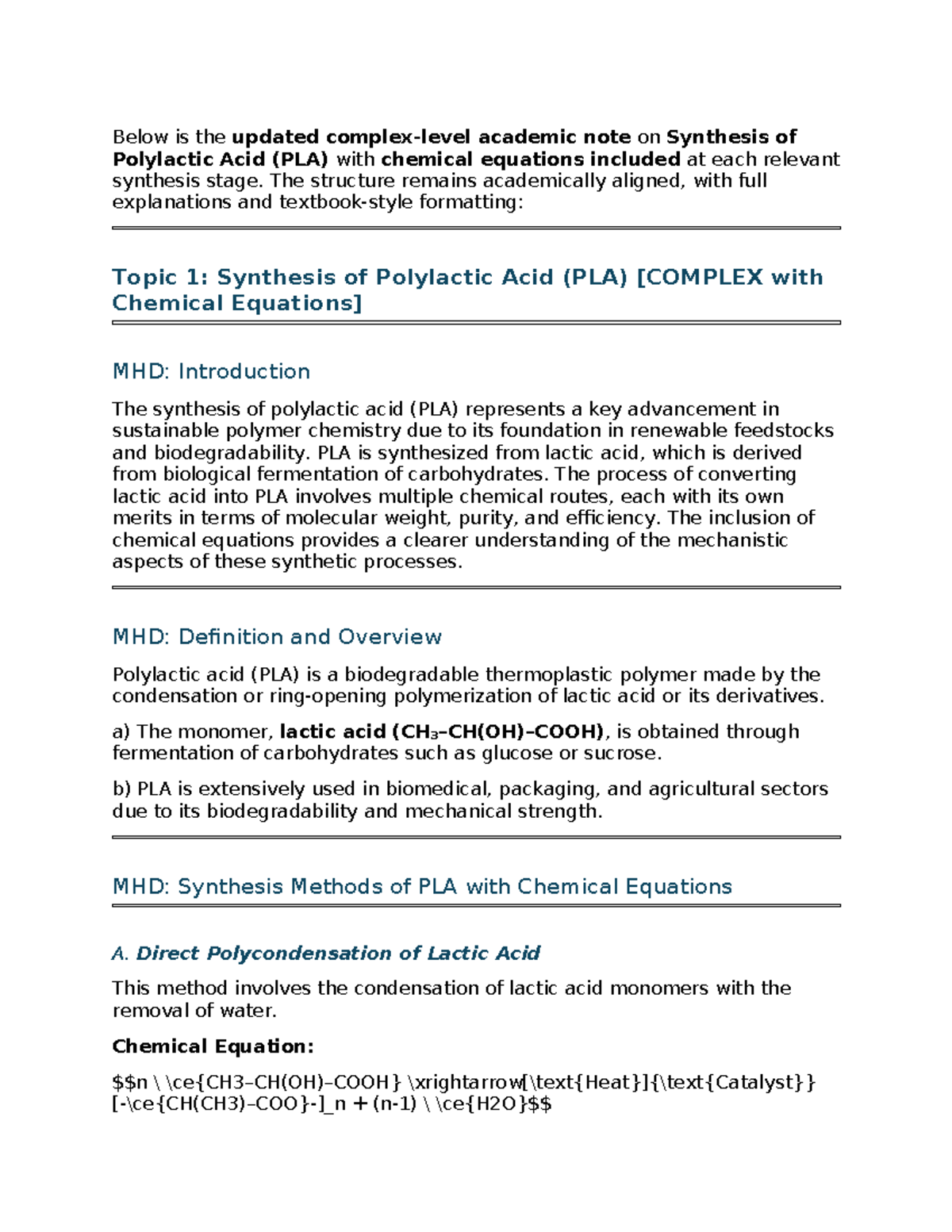 Synthesis of Polylactic Acid (PLA) with Chemical Equations - MHD Notes ...
