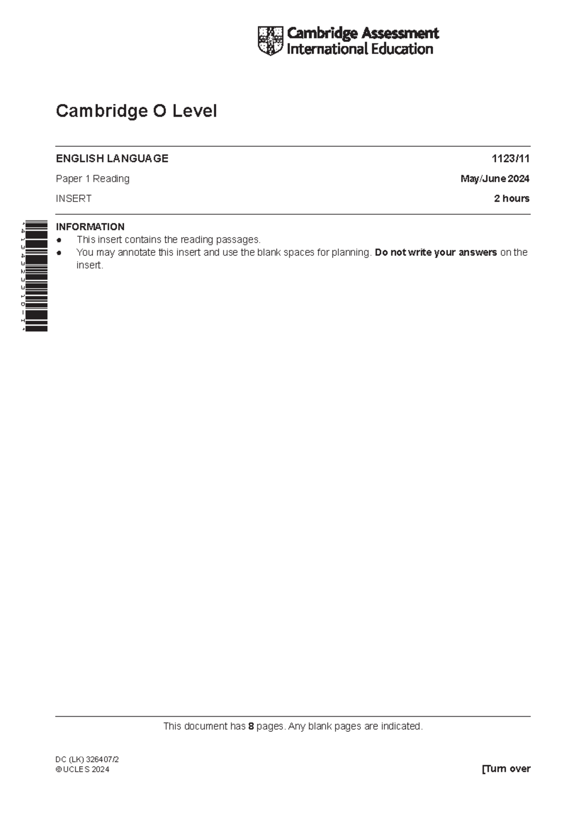 O Level English Language 1123/ Paper 1 Reading Insert May/June 2024 ...