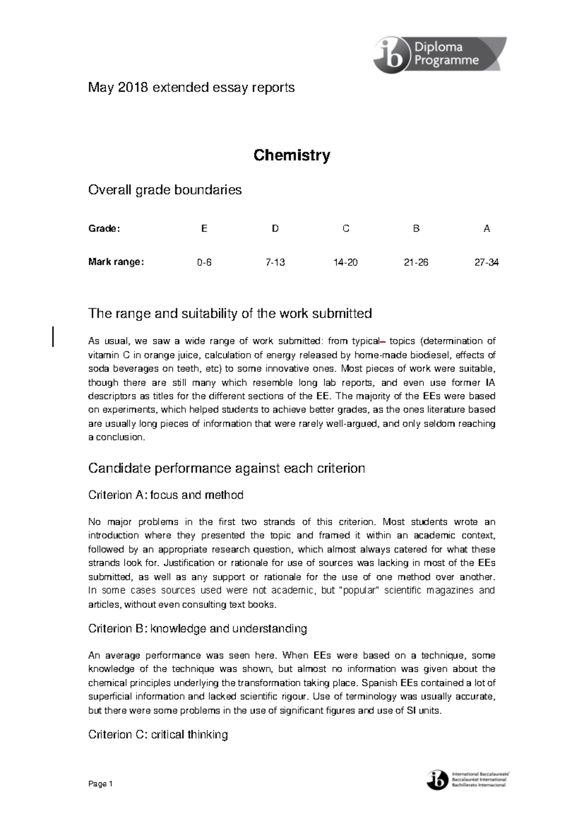Chemistry EE Subject Report - Assessment Overview (May 2018) - Studocu