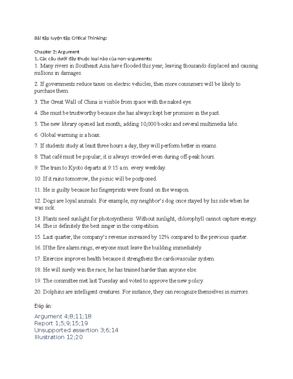 Bài tập luyện tập Critical Thinking: Chapter 2 - Argument Analysis ...