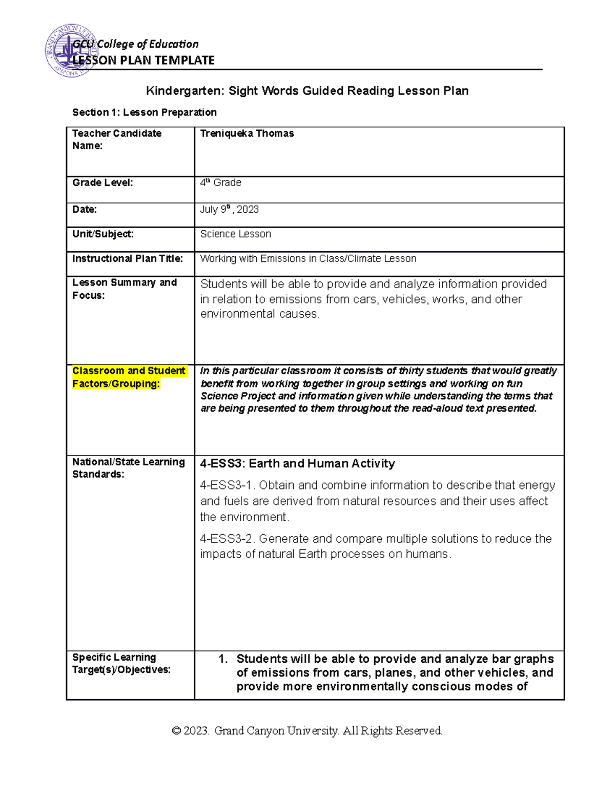ELM-361-4th Grade-Working with Emissions-Science Lesson Plan - Studocu