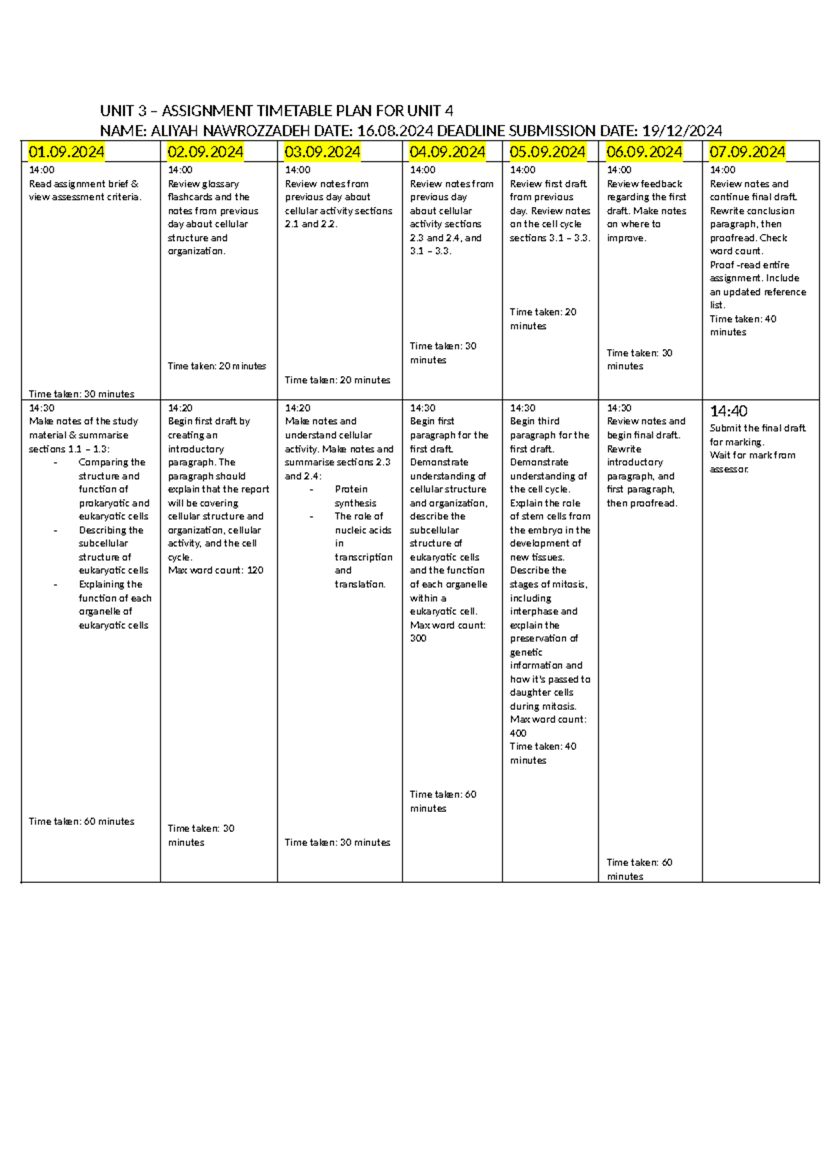 UNIT 3 assignment plan for unit 4 - UNIT 3 – ASSIGNMENT TIMETABLE PLAN ...