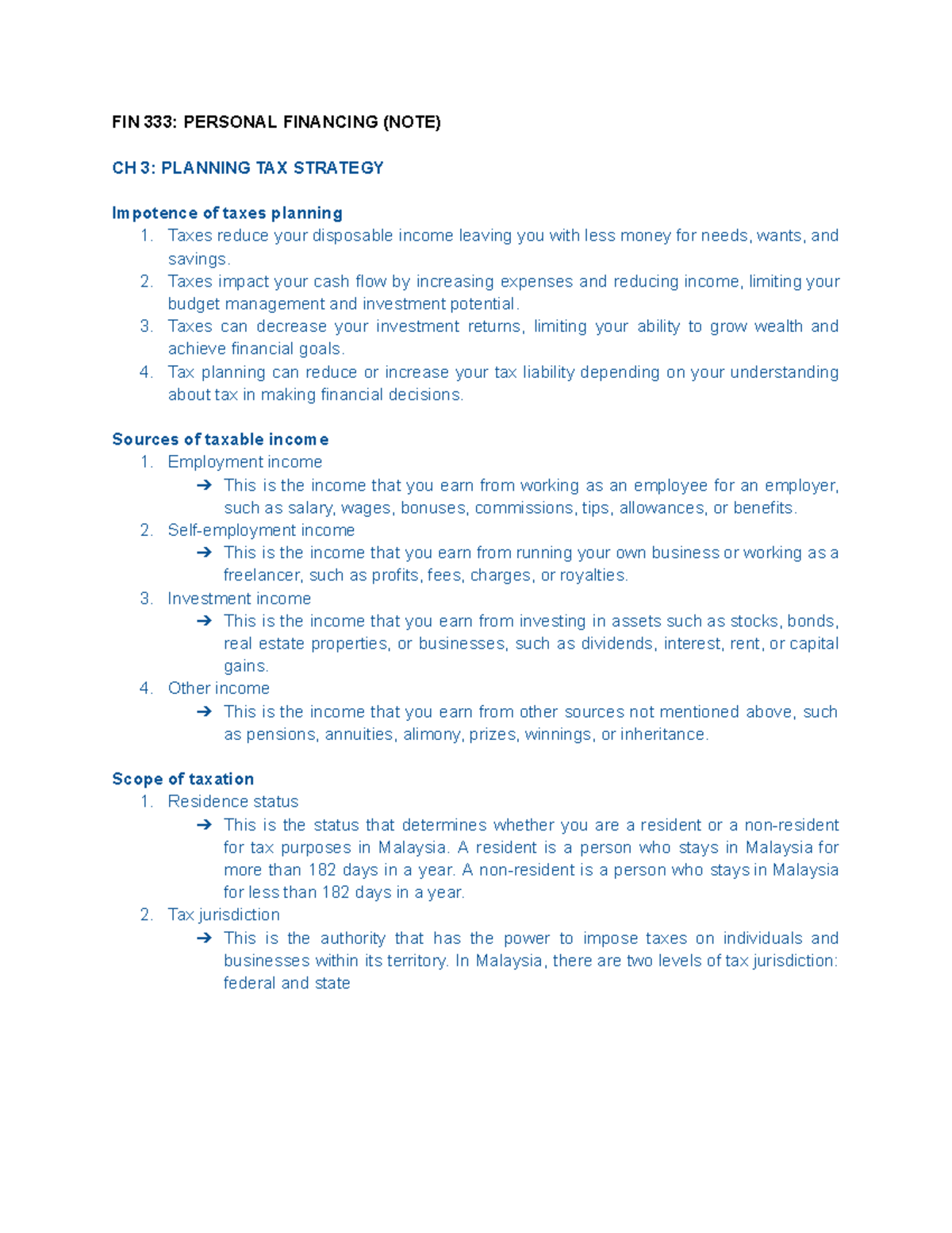 FIN 333 Personal Financing: Chapter 3 - Tax Planning Strategies - Studocu