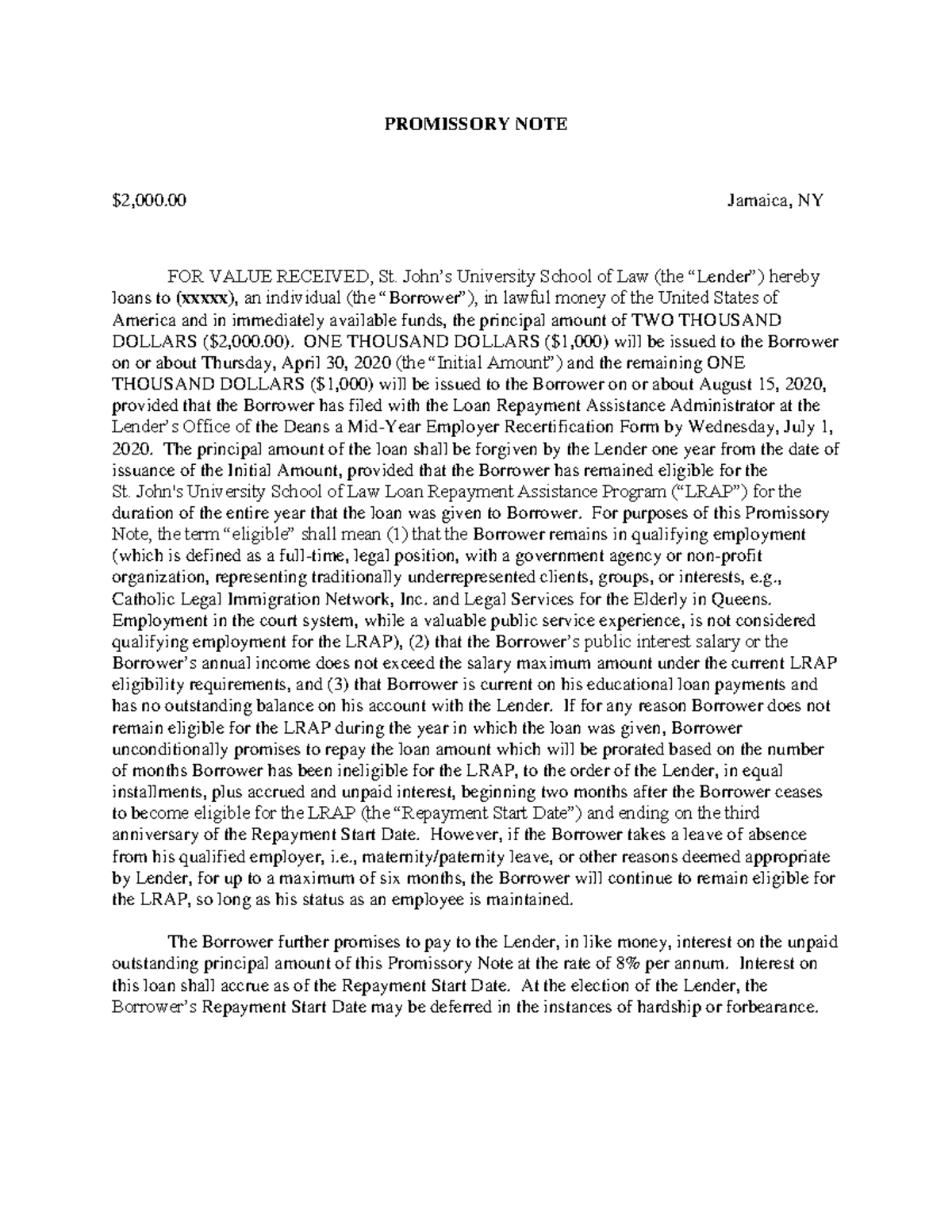 2020 Promissory Note Sample - St. University School of Law - Studocu