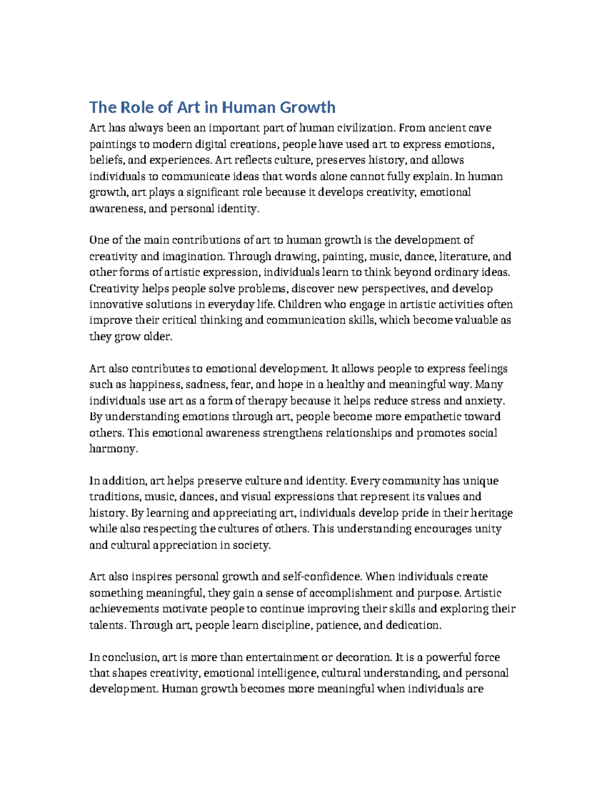 The Impact of Art on Human Growth and Development - Studocu