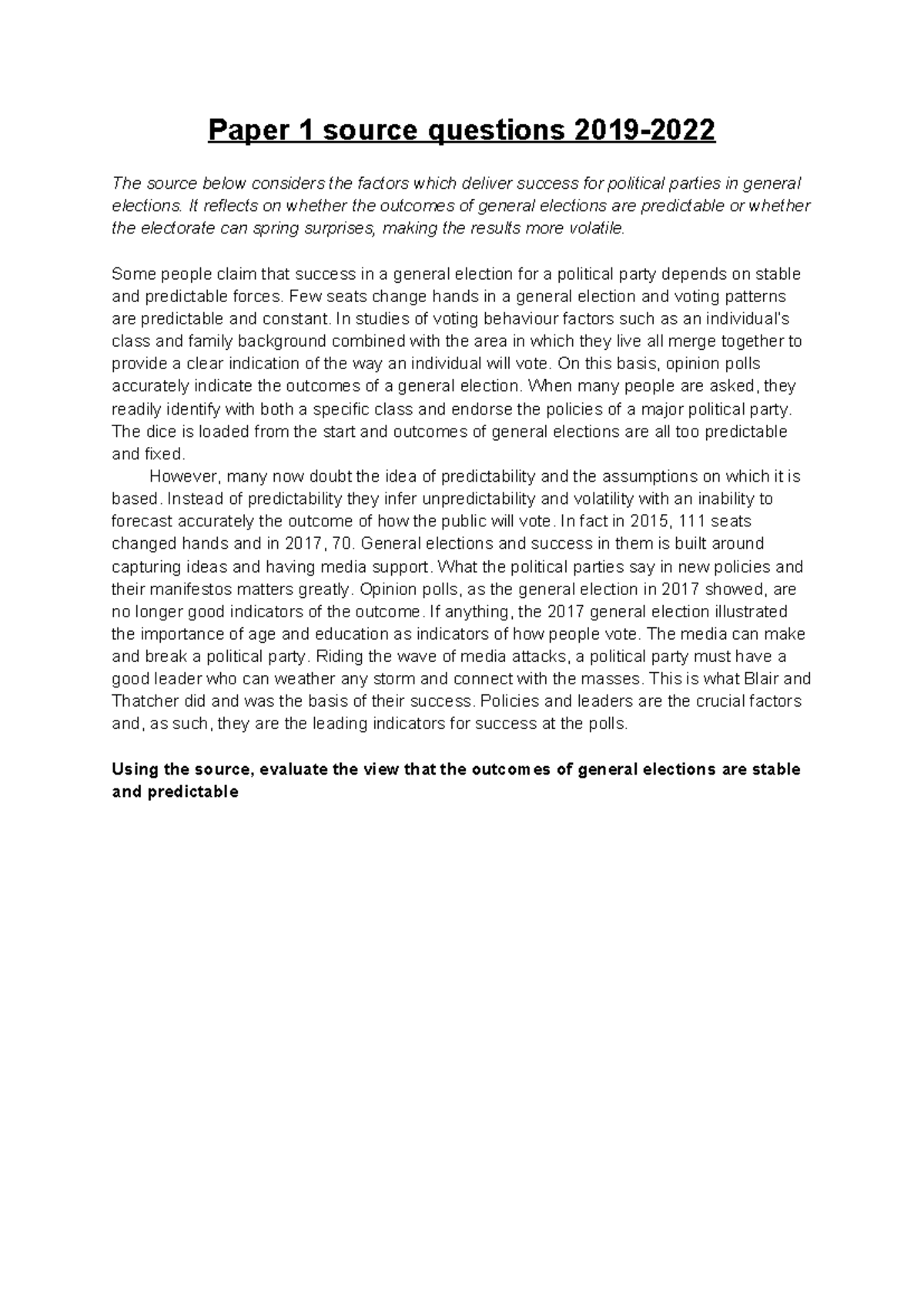 Evaluation of General Election Predictability: Source Questions ...