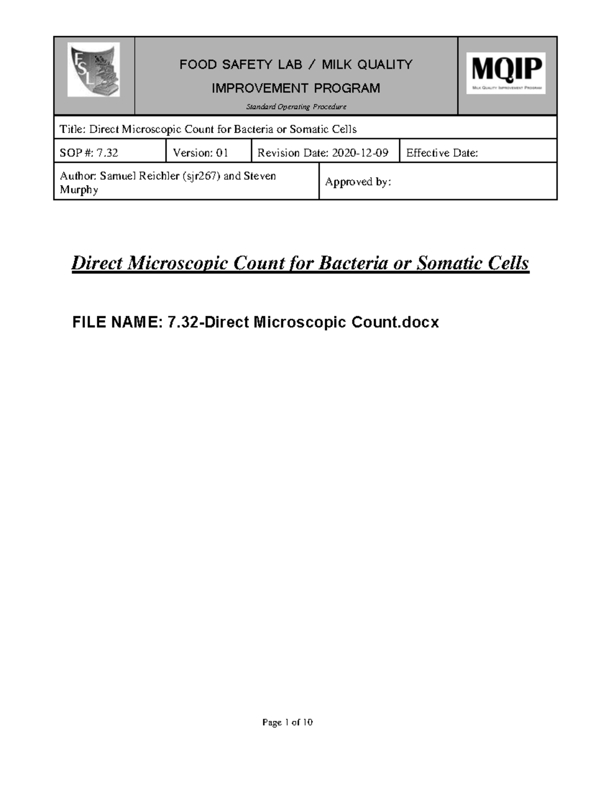 FOOD SAFETY LAB: SOP 7.32 - Direct Microscopic Count of Milk Quality ...