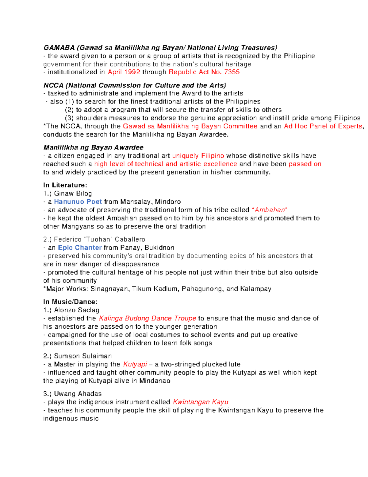 GAMABA: Recognizing National Living Treasures in Filipino Arts - Studocu