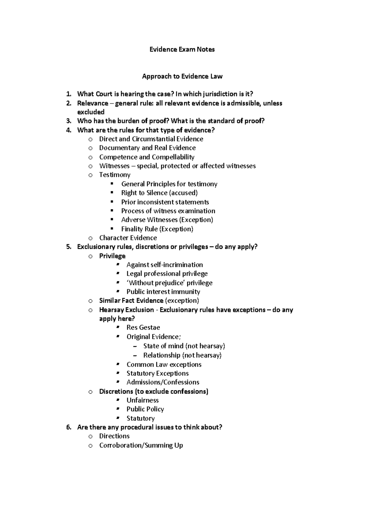 Evidence Law Exam Notes: Key Principles and Concepts - Studocu