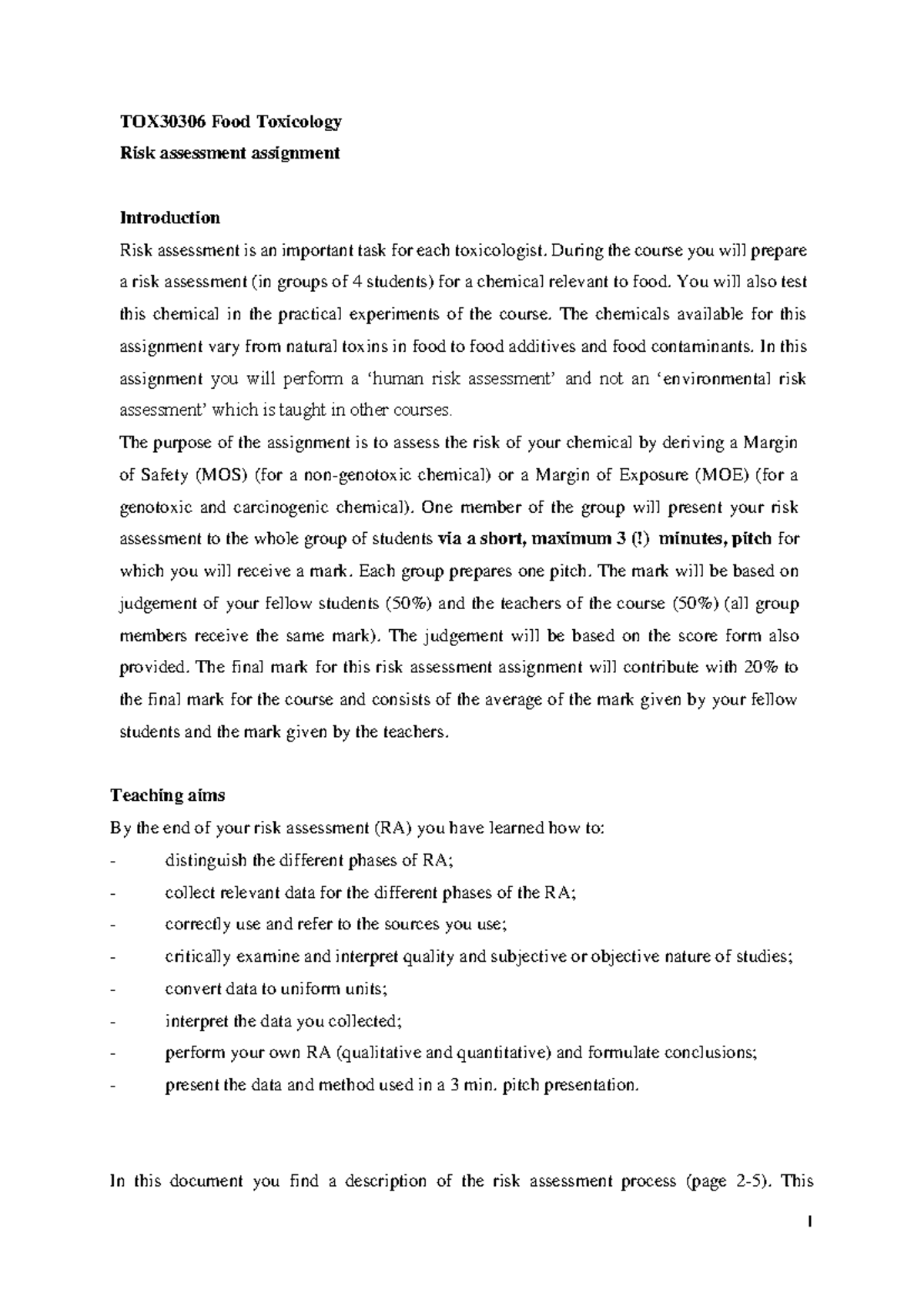 TOX30306 Risk Assessment Assignment Guidelines for Food Toxicology ...